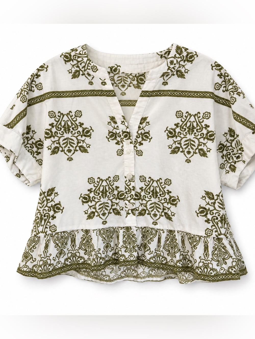 Halogen Women’s Embroidered Blouse Medium Ivory Olive Print Button Peplum Top - Picture 9 of 9